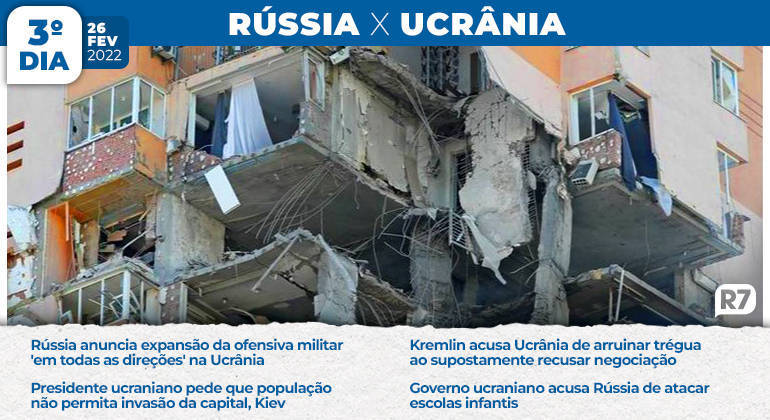 Edifício residencial é atingido por míssil em Kiev. No terceiro dia de ataques, a Rússia anuncia a expansão da ofensiva militar 'em todas as direções' na Ucrânia e destrói o Antonov-225 Mryia, o maior avião do mundo, após ataque na capital, Kiev