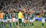 Jogadores do Palmeiras comemoram a segunda vitória do time no Paulistão 2022