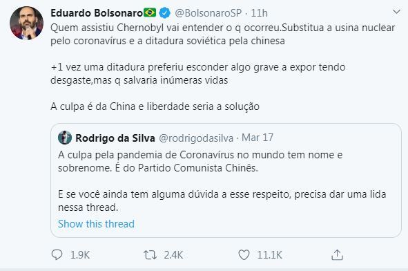 Eduardo culpou Partido Comunista Chinês por coronavírus