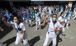 The coronavirus disease (COVID-19) outbreak in Liege
Healthcare workers, nurses and doctors, unified under the movement called 'Take Care of Care' wearing face masks protest against the Belgian authorities' management of the coronavirus disease (COVID-19) crisis, at the MontLegia CHC Hospital in Liege, Belgium, May 15, 2020. REUTERS/Yves Herman
