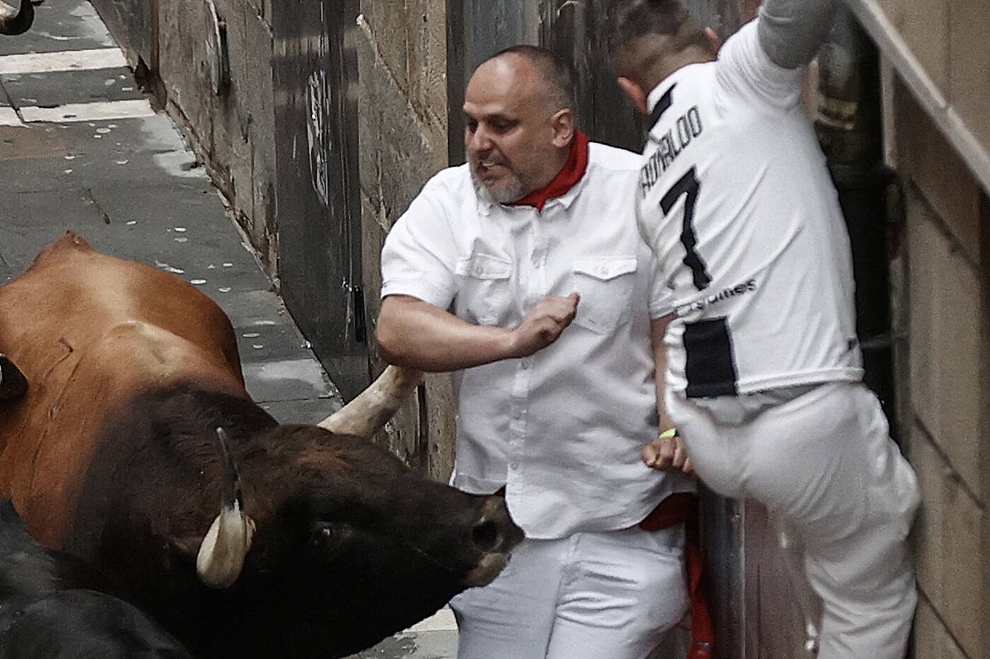 Homens provocam touros, são perseguidos, deitam no chão em posição