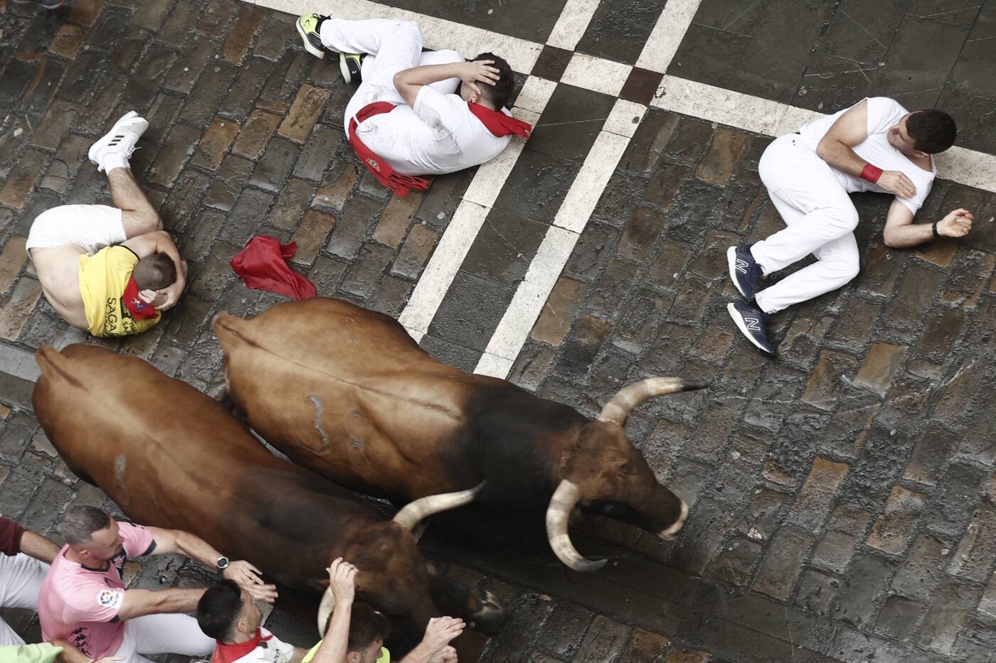 Homens provocam touros, são perseguidos, deitam no chão em posição