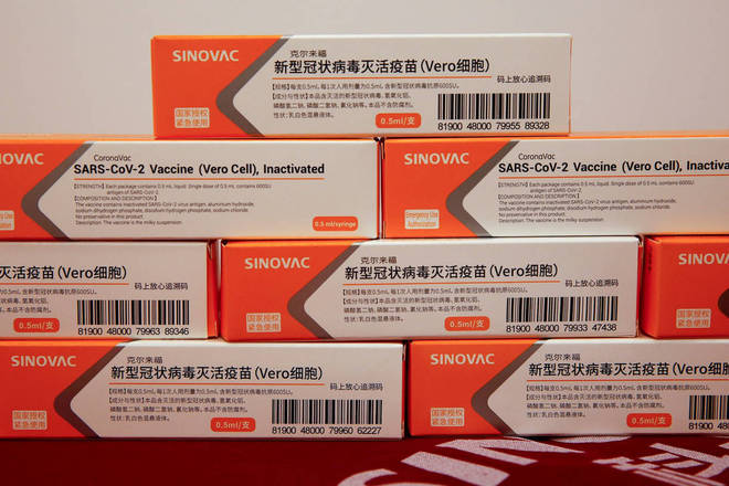 Coronavac: a vacina foi desenvolvida a partir de uma parceria entre a empresa chinesa  Sinovac Biotech e o Instituto Butantan, em São Paulo. As primeiras 120 mil doses chegam dia 20 de novembro ao país, informou o governador de SP, João Doria, em coletiva de imprensa realizada nesta segunda-feira (09). Na mesma ocasião, o secretário estadual de Saúde disse que dados já disponíveis sobre a vacina apontaram que ela é segura e produziu anticorpos contra o coronavírus em quase 98% dos voluntários que a receberam. No entanto, a própria Sinovac admite que a resposta imunológica foi ligeiramente mais fraca em idosos do que em adultos mais jovens. Sua eficácia contra a doença. Além do Brasil e da China, Indonésia e Turquia também participam dos estudos de fase 3. Seis Estados brasileiros estão fazendo testes em 13 mil voluntários - todos profissionais de saúde. Dentre eles, 10 mil já receberam ao menos uma das duas doses da vacina ou placebo, segundo o Butantan. O imunizante é inativado, ou seja, utiliza uma versão morta do novo coronavírus partir de processos físicos e químicos. Assim, não é possível que exista replicação viral. Essa tecnologia é tradicional, usada nos imunizantes contra a gripe e hepatite A, por exemplo