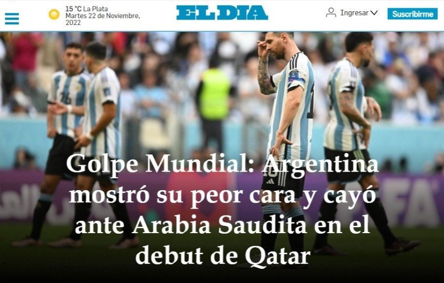 'Golpe mundial: Argentina mostrou sua pior cara e caiu diante da Arábia Saudita na estreia no Catar', noticiou o El Día