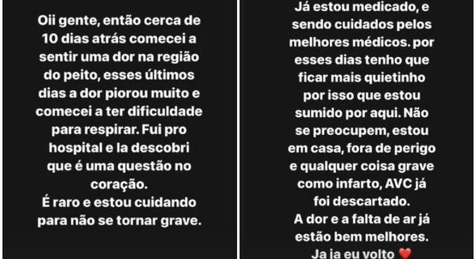 Eli deu detalhes do estado de saúde em conversa com os seguidores