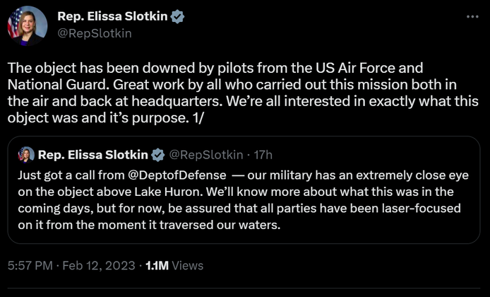 Elissa Slotkin, deputada pelo estado de Michigan, agradeceu o trabalho dos militares em suas redes sociais e disse que “todos estão interessados em exatamente o que esse objeto era e seu propósito