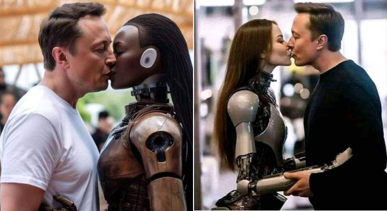 Imagens de Elon Musk aos beijos com robôs humanoides femininos foram compartilhadas no Twitter pelo CEO de uma construtora, identificado como David Marven. Ele escreveu na publicação que Musk havia anunciado uma nova esposa, antes de revelar que tudo foi feito por inteligência artificial*Estagiário sob supervisão de Raphael Hakime