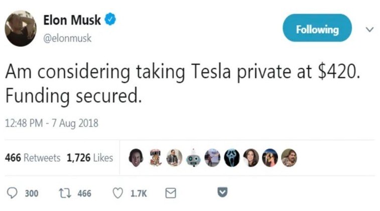 Suspeita de fraude financeiraEm agosto de 2018, Elon Musk foi investigado pela SEC (Comissão de Valores Imobiliários dos EUA) após tuitar que pretendia fechar o capital da Tesla e retirar as ações da empresa da Bolsa de ValoresVALE SEU CLIQUE: Cientistas desenvolvem armadilha sexual para eliminar vespas invasoras