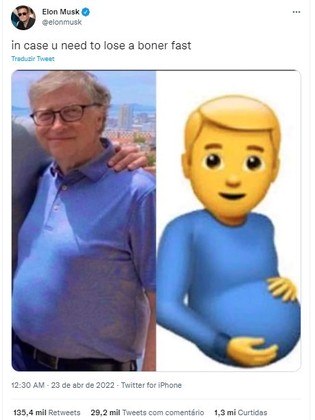 Musk vs Bill GatesEm uma treta de bilionários, Elon Musk comparou Bill Gates ao emoji de um homem grávido, em abril