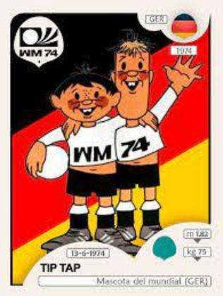 Em 1974, foram dois mascotes. Tip e Tap simbolizavam a união que a Copa queria passar. Na época, a Alemanha era marcada pela Segunda Guerra Mundial e dividida em Ocidental e Oriental.