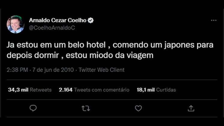 Em 2010, Arnaldo Cézar Coelho queria compartilhar com seus seguidores o que estava jantando, mas a mensagem não foi passada de maneira tão clara...