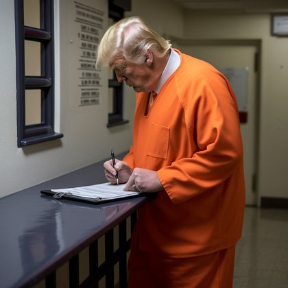 Em algumas imagens, é possível ver Trump já com roupa de prisioneiro, assinando uma papelada.