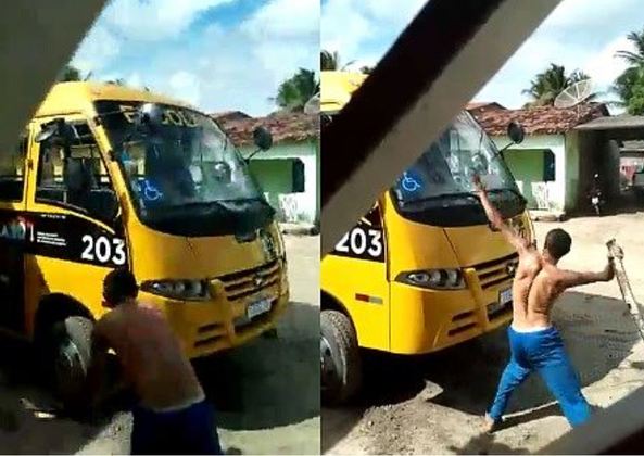 Em Coruripe, no litoral sul de Alagoas, um homem irritado com o preço do gás de cozinha, começou a depredar um ônibus escolar em 25/4/2022. 