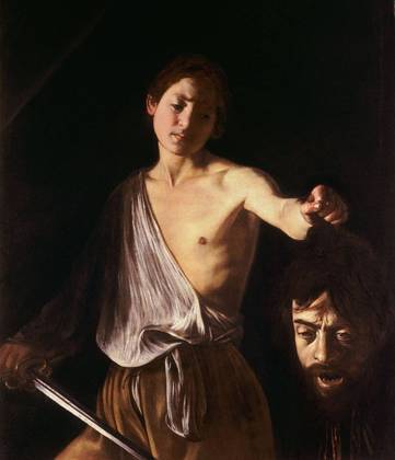 Em David e Golias, Caravaggio pinta uma imagem dele mesmo como o herói que matou o gigante.