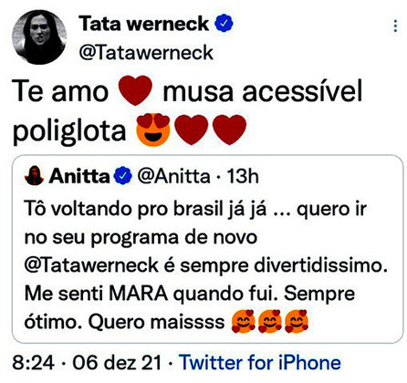 Em meio a essa polêmica, a cantora Anitta se solidarizou com Tatá Werneck e destacou que quer ir novamente ao programa da atriz e humorista.