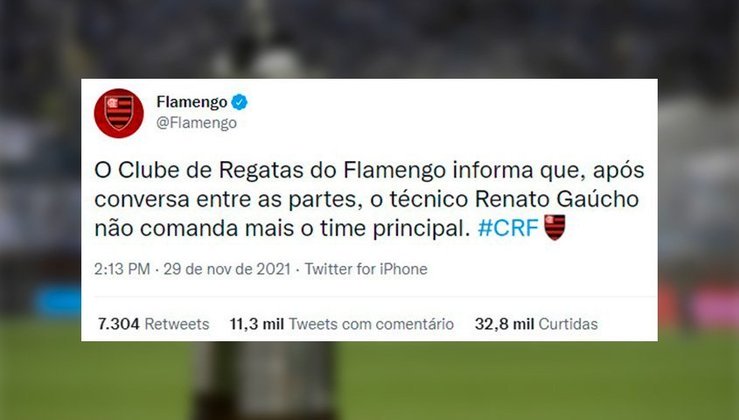 Em nota, Flamengo anuncia demissão de Renato Gaúcho.