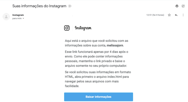 Email oficial de download de dados do Instagram (Imagem: Reprodução/Instagram)