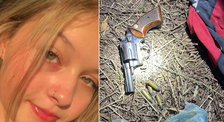 Emilli, jovem de 18 anos morta em Embu das Artes, e a arma que teria sido usada no crime