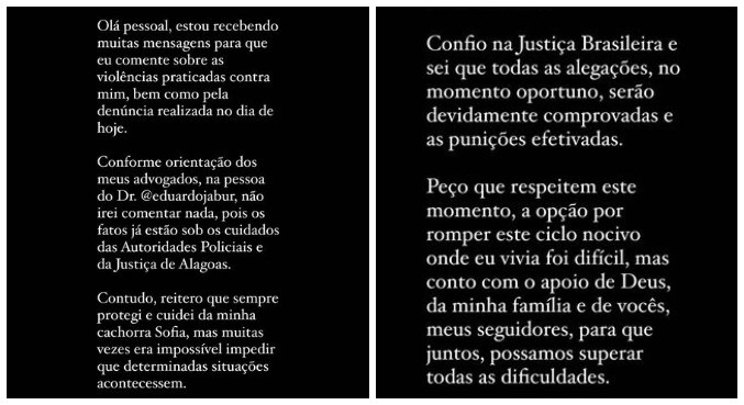 Emily Garcia postou texto nos stories do Instagram