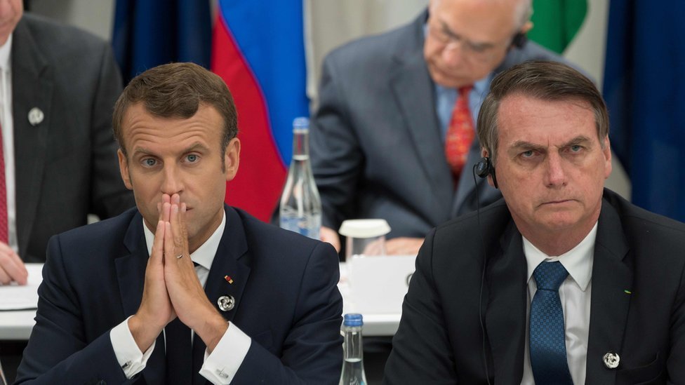 Emmanuel Macron e Jair Bolsonaro em reunião do G20 

