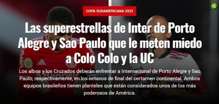 EN CANCHA (Chile) - 'Os craques do Inter de Porto Alegre e São Paulo que assustam Colo Colo e UC na Copa Sul-Americana'