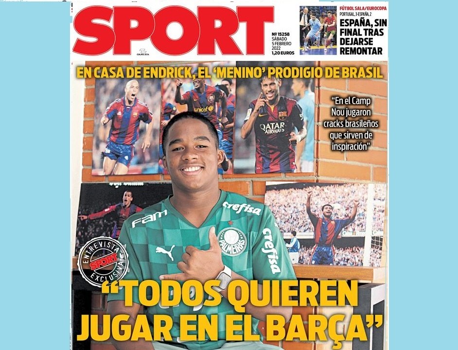 Capa do Sport, jornal da Catalunha. Destaca o 'desejo' de Endrick...