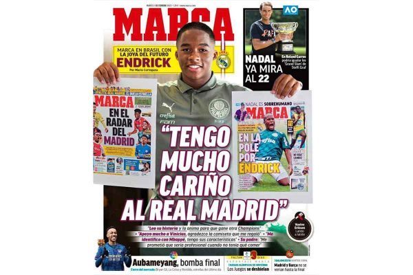Capa do Marca, jornal de Madrid. Destaca o 'desejo' de Endrick...
