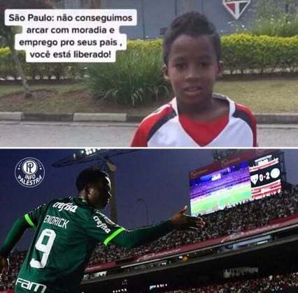Endrick, que foi dispensado da base do São Paulo, foi lembrado nos memes após marcar o segundo gol da vitória palmeirense.