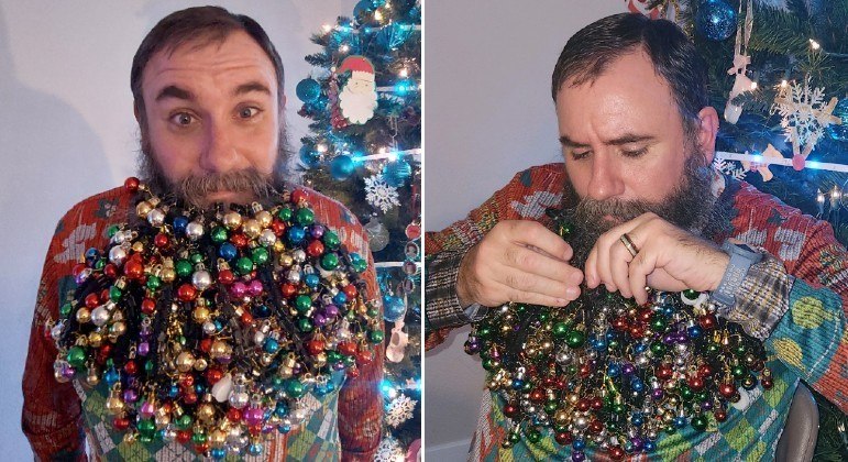Joel Strasser pendurou 710 enfeites de Natal na barba