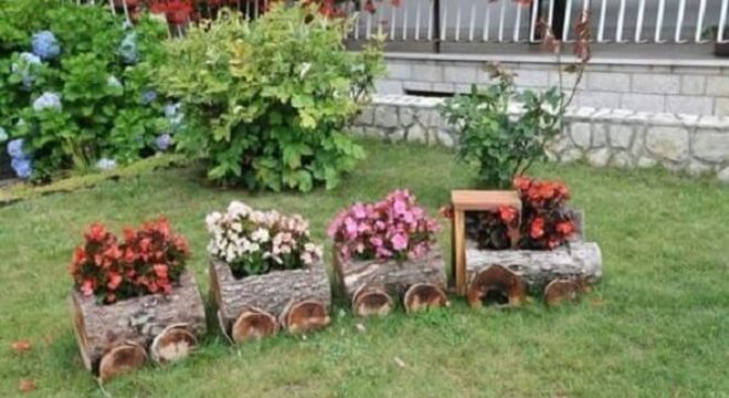 Enfeites para jardim feitos com trono de madeira