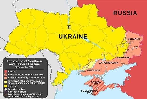 Entre setembro e outubro, a Rússia tomou e anexou quatro regiões ao leste da Ucrânia: Donetsk, Luhansk, Zaporizhzhia e Kherson. A anexação, é claro, não é reconhecida pela Ucrânia nem pela União Europeia, ONU e o resto do mundo. 