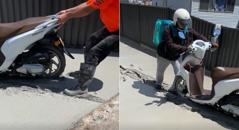 Entregador atolou moto em calçada com cimento fresco e irritou geral