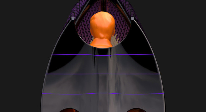 Escudo é vestido como uma mochila nas costas, mas com o formato da asa de um morcego