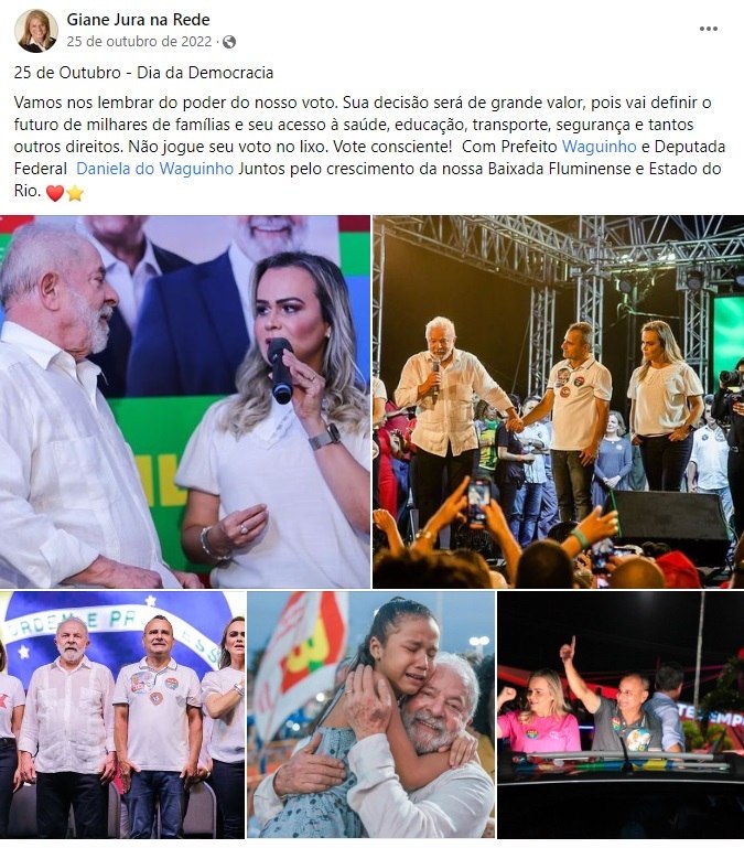 Esposa de condenado apoia Lula e Daniela do Waguinho