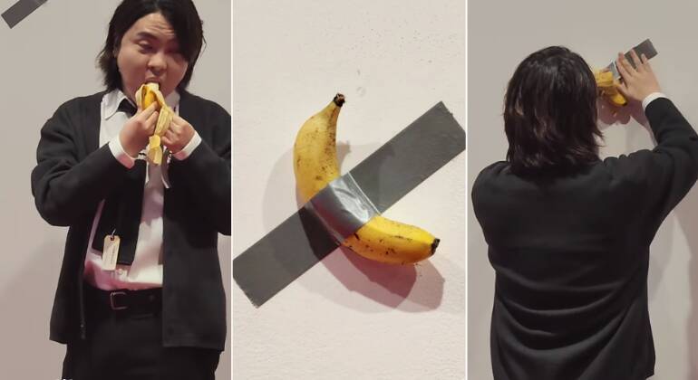 Um estudante da Universidade Nacional de Seul comeu a obra de arte Comedian, do artista italiano Maurizio Cattelan, na quinta-feira passada (27), no Leeum Museum of Art, em Seul, Coreia do Sul