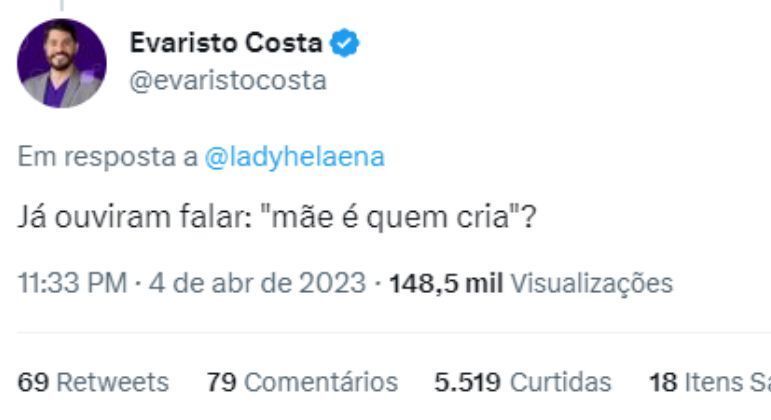 Evaristo Costa critica Virginia Fonseca no Twitter