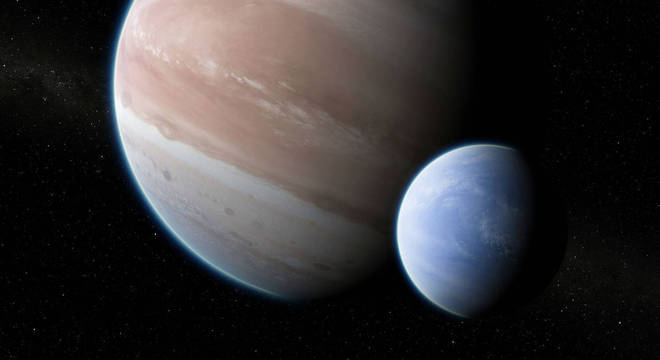 Representção gráfica do planeta Kepler-1625b e de sua possível lua