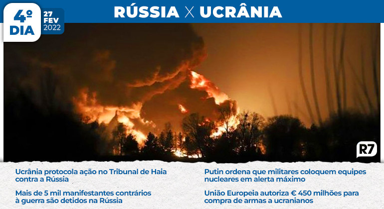 Explosão durante a madrugada ao sul de Kiev, onde central de combustíveis foi atingida, no mesmo dia em que a Ucrânia protocola ação no Tribunal de Haia contra a Rússia e a União Europeia autoriza € 450 milhões para a compra de armas para ucranianos