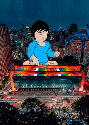É o caso de um dos cartões postais da metrópole: o edifício do Masp (Museu de Arte de São Paulo), criação da arquiteta Lino Bo Bardi, instalado no meio da Avenida Paulista. Na exposição, a imagem aérea do museu se transforma em um xilofone gigante, tocado por uma criança