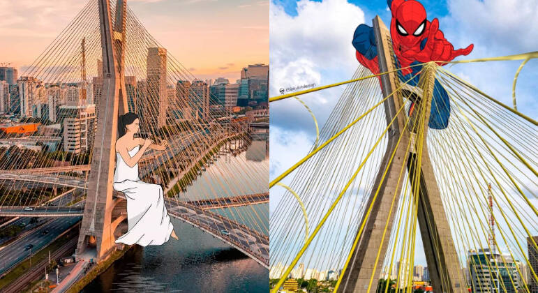 Em outro ponto da cidade, a Ponte Estaiada pode ser vista como uma harpa, ou como o porto-seguro do Homem-Aranha