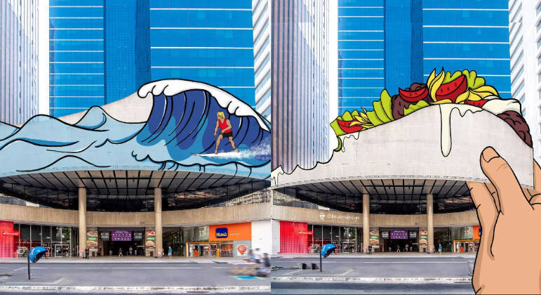 A própria fachada do Shopping Center 3, idealizada pelo arquiteto Ruy Ohtake, é alvo da intervenção artística