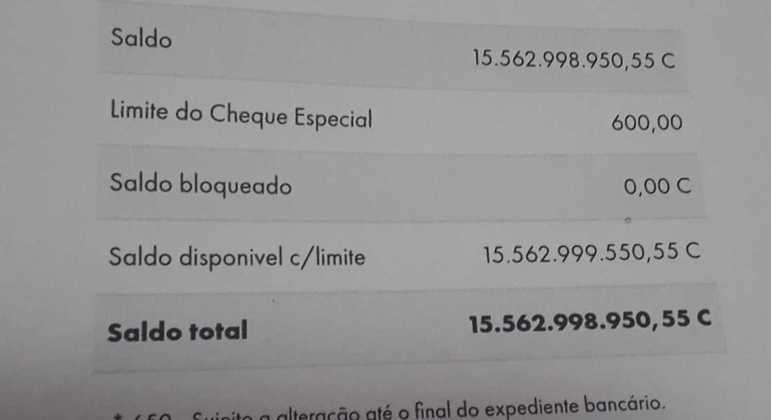 Extrato da conta bancária de Jairo com o depósito de R$ 15,5 bilhões