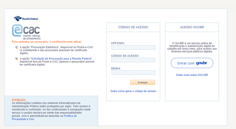 Contribuinte pode acessar o E-CAC via código de acesso ou conta gov.br
