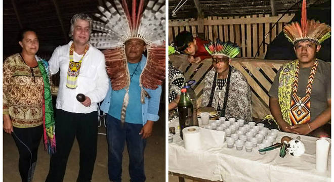 À esq., o ator com o Cacique Carlos Brandão Shanenawa e a mulher, Flaviana