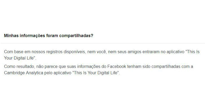 Box que informa se os dados pessoais foram coletados pela Cambridge Analytica