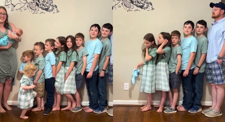 Amanda, o marido e os filhos do casal com looks combinados