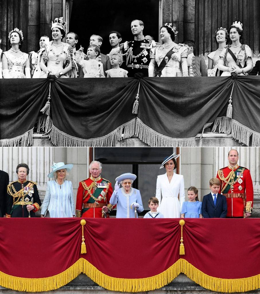 Família real durante a coroação da Rainha Elizabeth 2ª e na celebração do Jubileu de Platina