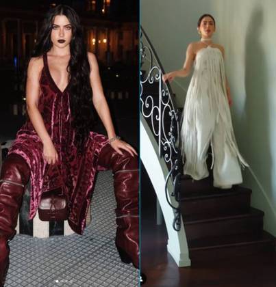 Jade Picon aproveitou vários dias da Semana de Moda de Paris e exibiu uma coleção de figurinos incríveis por lá. Entre eles, estava um figurino todo na cor vinho, composto de vestido de veludo, botas acima do joelho (over the knee, em inglês) e bolsa. O vestido era assimétrico, com decote alongado e estampa de folhas. Outro destaque do visual foi o batom preto combinado com os cabelos superlongos. Teve também um look branco, sem alças e repleto de franjas. Gargantilha e brincos de argola deram ainda mais charme ao visual