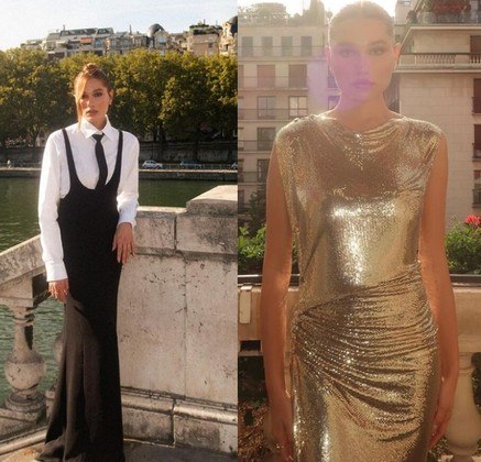 Sasha Meneghel entregou vários looks estilosos em Paris. Um deles, bastante irreverente, uniu um vestido preto colado a uma camisa branca social e gravata preta. Ela também apareceu por lá com um vestido brilhante e dourado, na altura dos joelhosVEJA TAMBÉM: Bateria da Mangueira encerra desfile de grife francesa na Semana de Moda de Paris