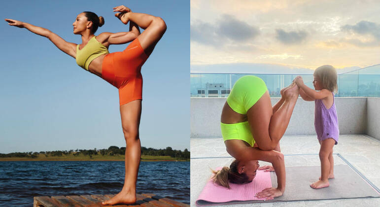 Sabrina SatoA apresentadora é extremamente ligada na prática de exercício físicos desde jovem, quando era bailarina. Hoje em dia, uma das modalidades elegidas pela beldade para tonificar corpo e mente é o ioga. Em uma das práticas, Sabrina teve uma ajuda super especial para se equilibrar: sua filha Zoe